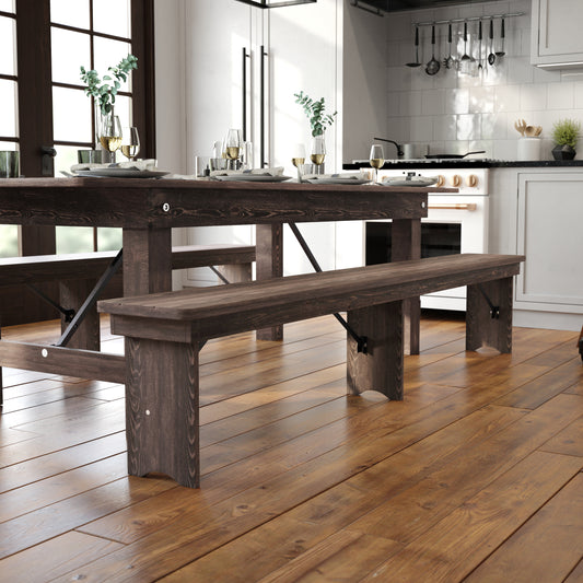 HERCULES 8' x 12" Antique Rustic Mahogany Solid Pine Folding Farm Bench with 3 Legs Mahogany