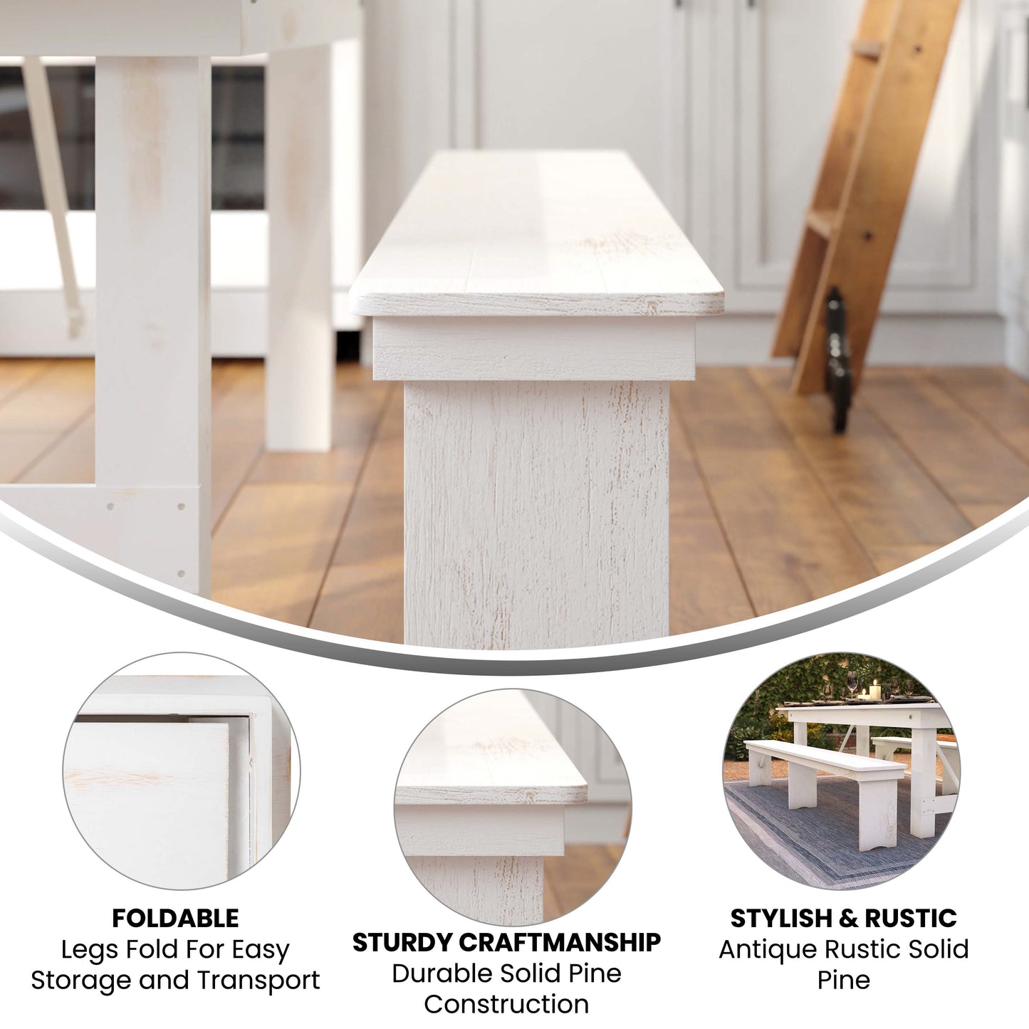 HERCULES Series 8' x 12" Antique Rustic Solid White Pine Folding Farm Bench with 3 Legs Antique Rustic White XA-B-96X12-L-WH-GG