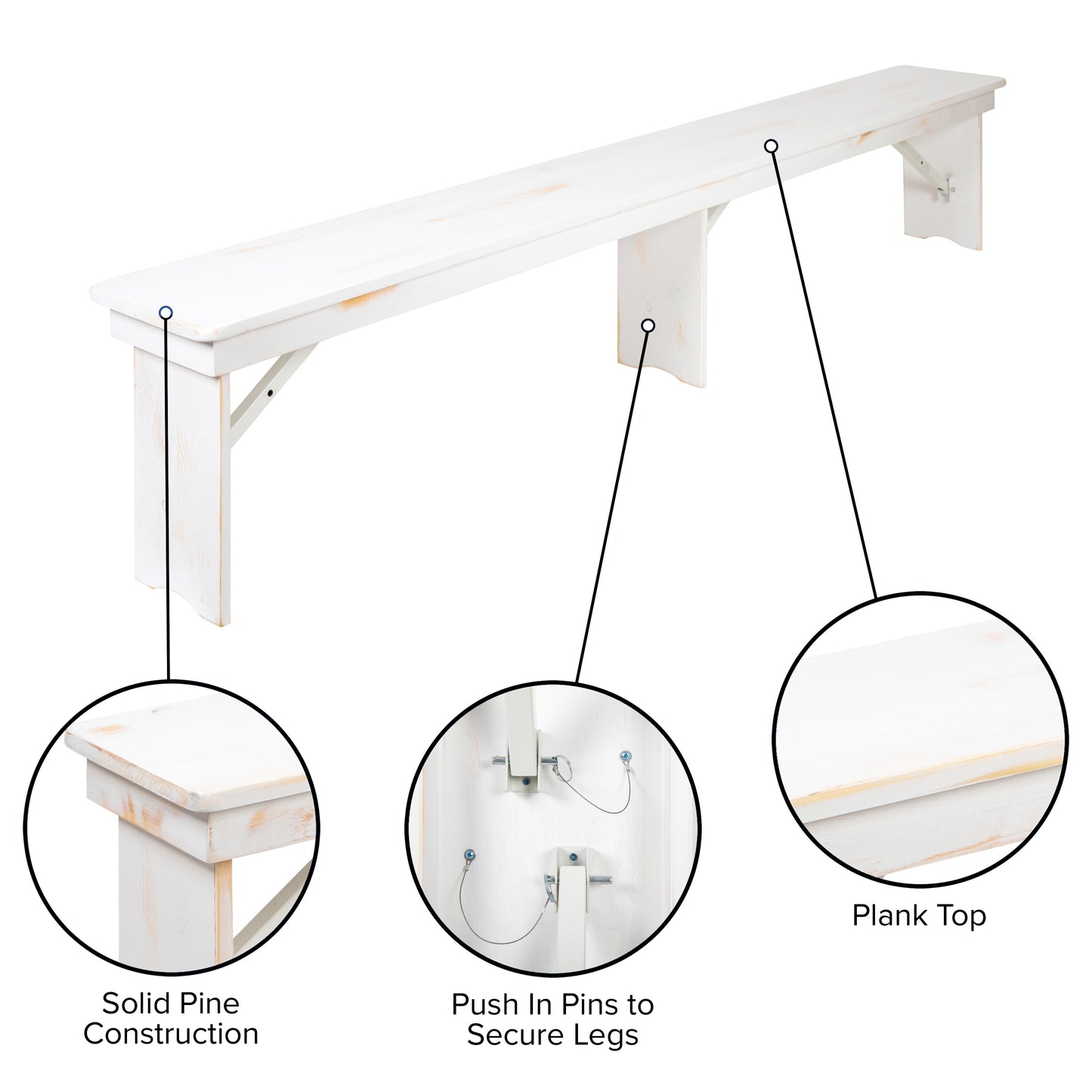HERCULES Series 8' x 12" Antique Rustic Solid White Pine Folding Farm Bench with 3 Legs Antique Rustic White XA-B-96X12-L-WH-GG