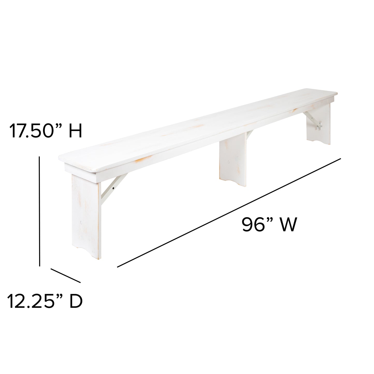 HERCULES Series 8' x 12" Antique Rustic Solid White Pine Folding Farm Bench with 3 Legs Antique Rustic White XA-B-96X12-L-WH-GG