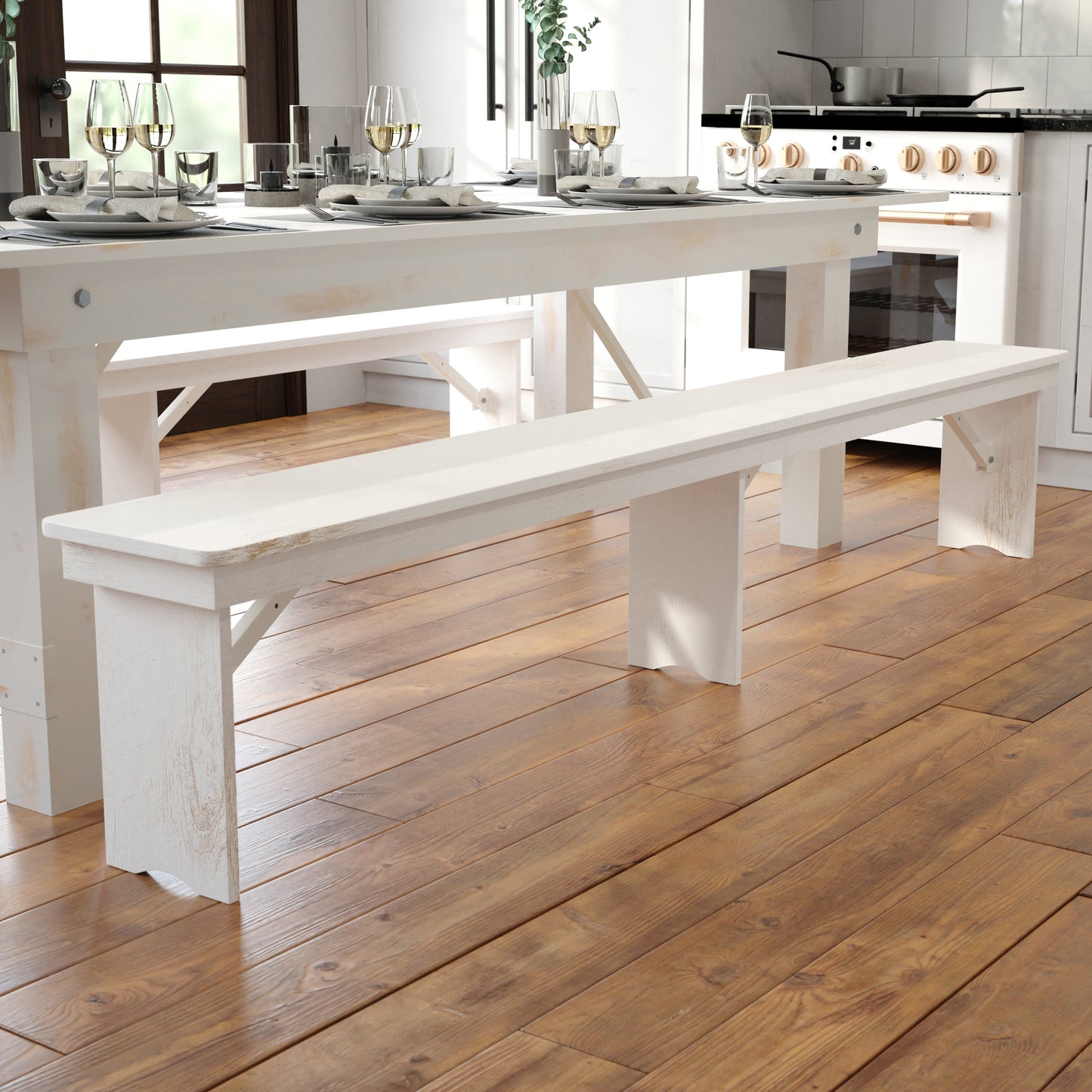 HERCULES Series 8' x 12" Antique Rustic Solid White Pine Folding Farm Bench with 3 Legs Antique Rustic White XA-B-96X12-L-WH-GG