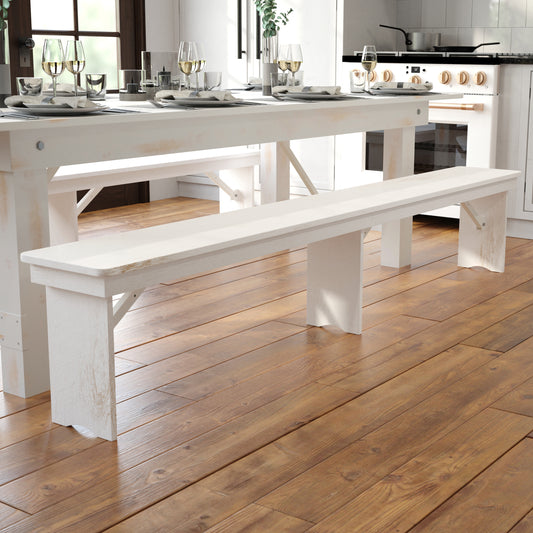 HERCULES Series 8' x 12" Antique Rustic Solid White Pine Folding Farm Bench with 3 Legs Antique Rustic White