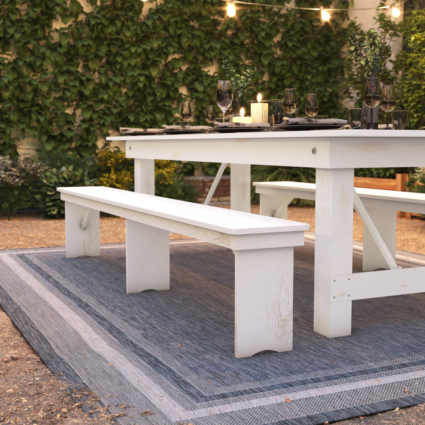 HERCULES Series 8' x 12" Antique Rustic Solid White Pine Folding Farm Bench with 3 Legs Antique Rustic White XA-B-96X12-L-WH-GG