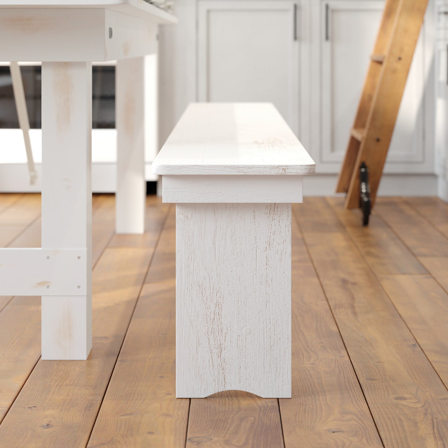 HERCULES Series 8' x 12" Antique Rustic Solid White Pine Folding Farm Bench with 3 Legs Antique Rustic White XA-B-96X12-L-WH-GG