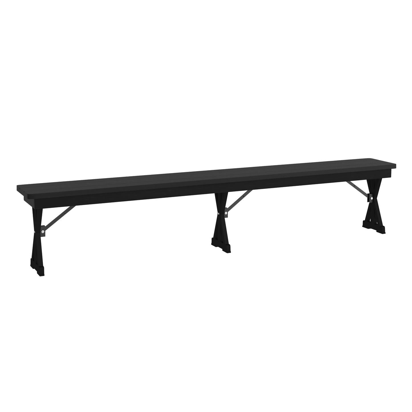 HERCULES 8' x 12'' Black Wash Commercial Antique Solid Pine Farmhouse Folding Bench with Foldable Locking X-Legs Black Wash