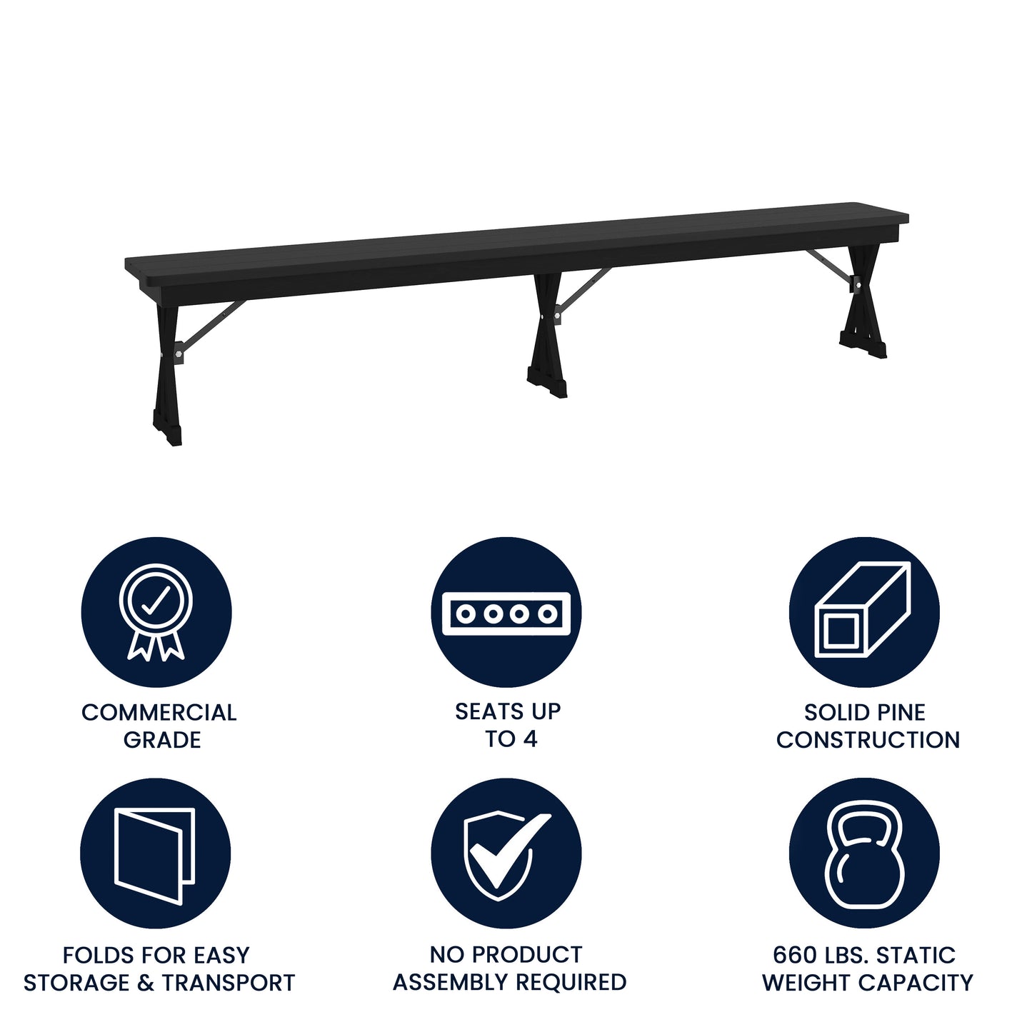 HERCULES 8' x 12'' Black Wash Commercial Antique Solid Pine Farmhouse Folding Bench with Foldable Locking X-Legs Black Wash