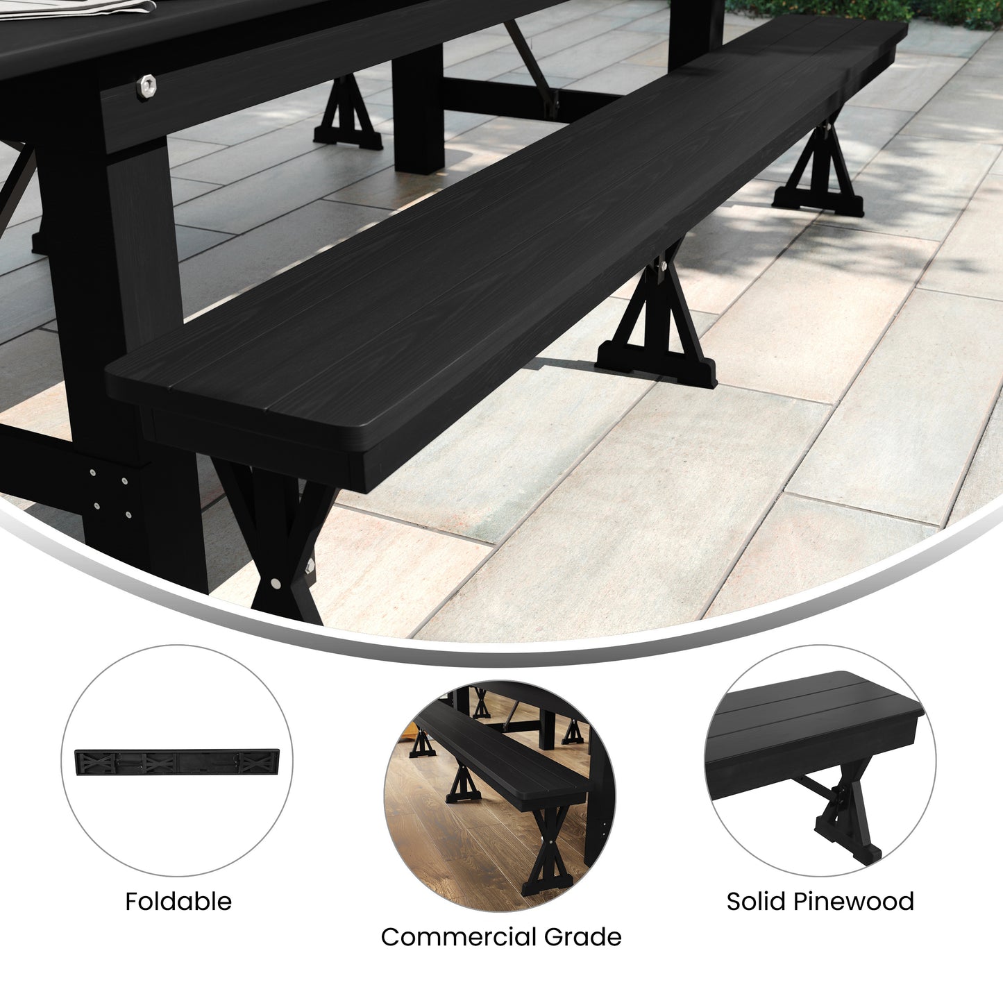 HERCULES 8' x 12'' Black Wash Commercial Antique Solid Pine Farmhouse Folding Bench with Foldable Locking X-Legs Black Wash