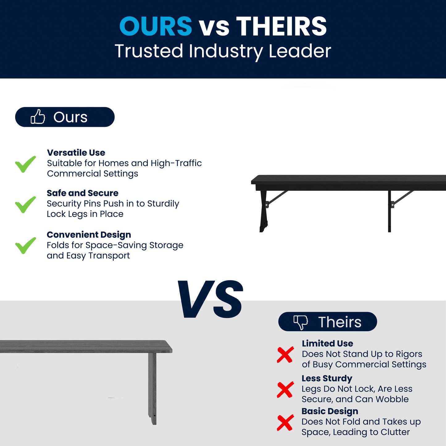 HERCULES 8' x 12'' Black Wash Commercial Antique Solid Pine Farmhouse Folding Bench with Foldable Locking X-Legs Black Wash