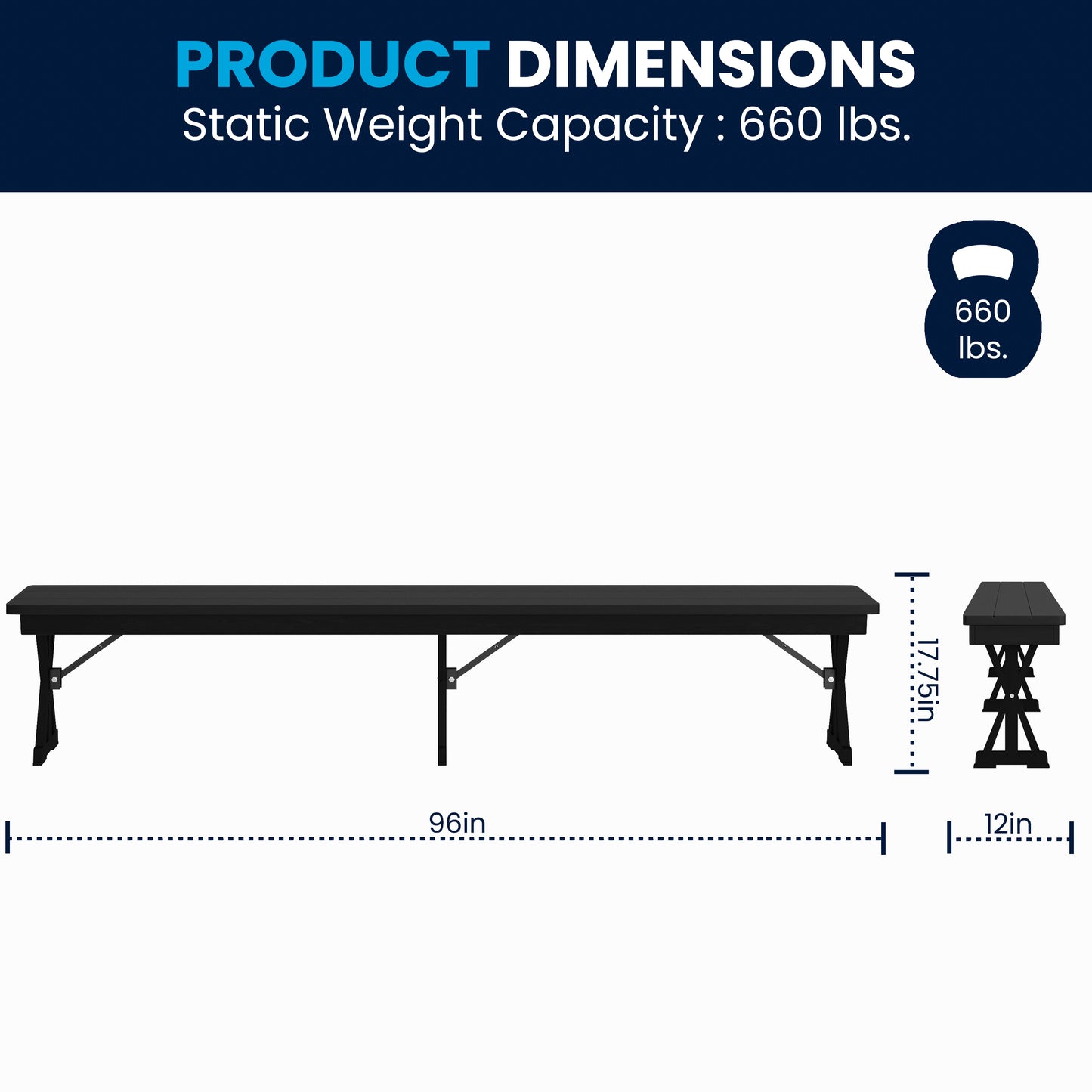 HERCULES 8' x 12'' Black Wash Commercial Antique Solid Pine Farmhouse Folding Bench with Foldable Locking X-Legs Black Wash