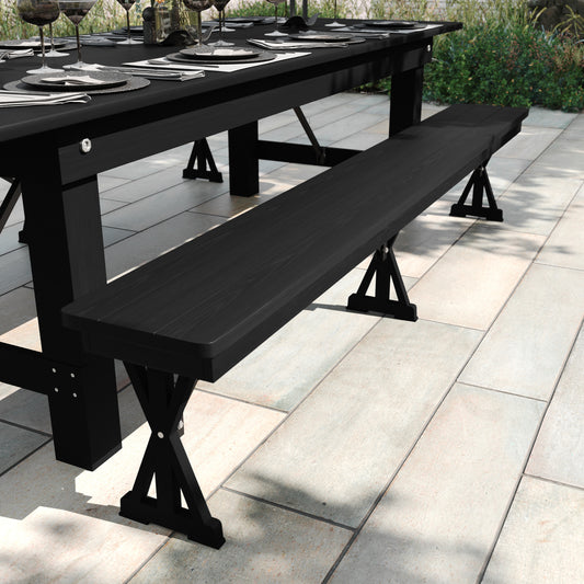 HERCULES 8' x 12'' Black Wash Commercial Antique Solid Pine Farmhouse Folding Bench with Foldable Locking X-Legs Black Wash