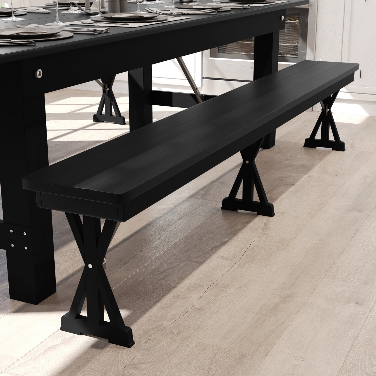 HERCULES 8' x 12'' Black Wash Commercial Antique Solid Pine Farmhouse Folding Bench with Foldable Locking X-Legs Black Wash