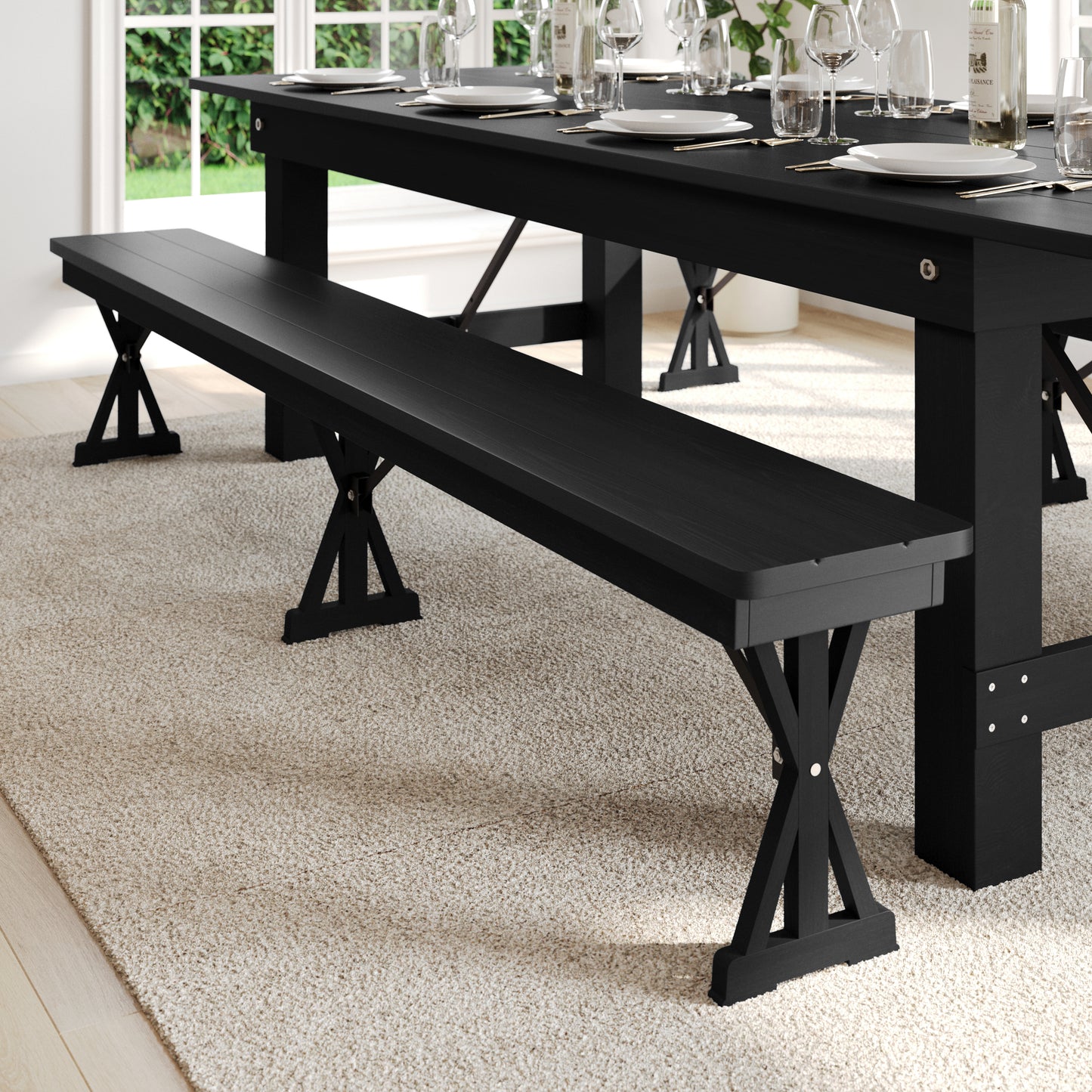 HERCULES 8' x 12'' Black Wash Commercial Antique Solid Pine Farmhouse Folding Bench with Foldable Locking X-Legs Black Wash