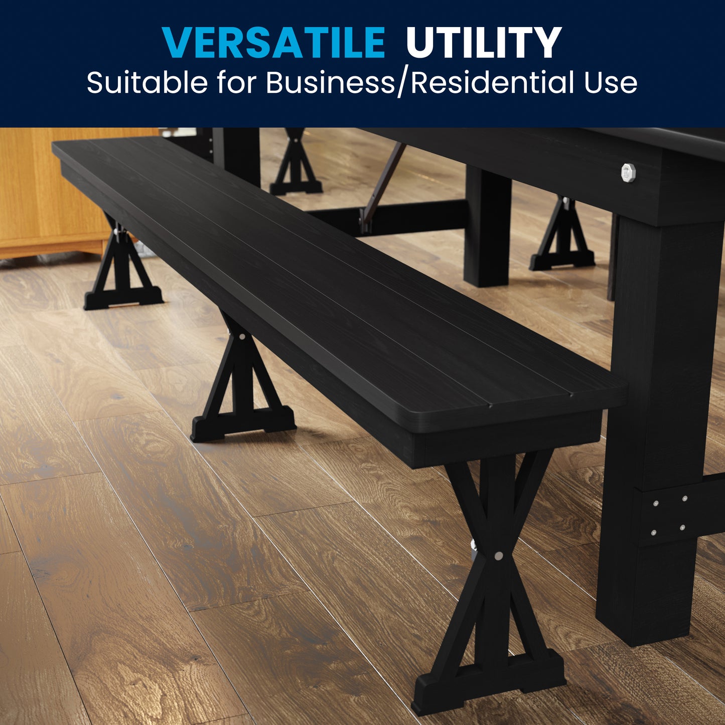 HERCULES 8' x 12'' Black Wash Commercial Antique Solid Pine Farmhouse Folding Bench with Foldable Locking X-Legs Black Wash