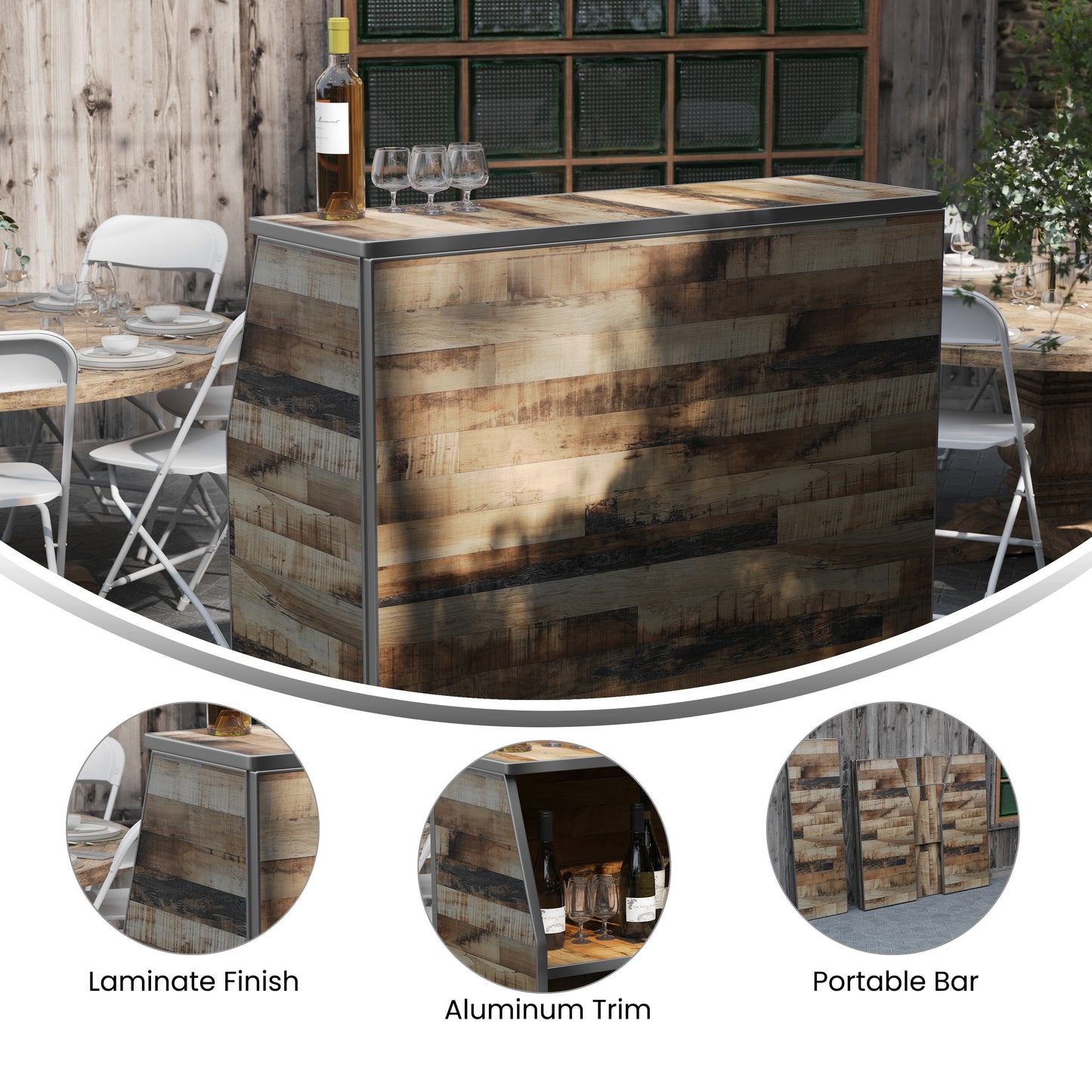 Amara 4' Rustic Natural Wood Plank Laminate Foldable Bar - Portable Event Bar Rustic Natural