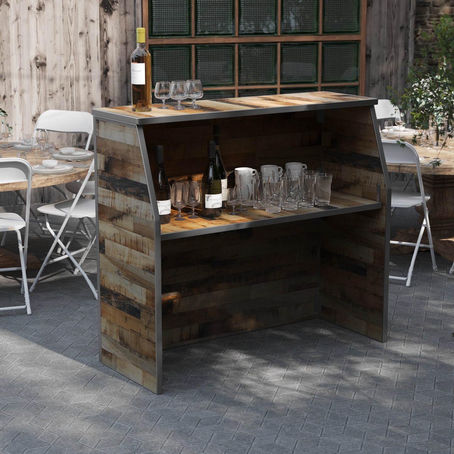 Amara 4' Rustic Natural Wood Plank Laminate Foldable Bar - Portable Event Bar Rustic Natural