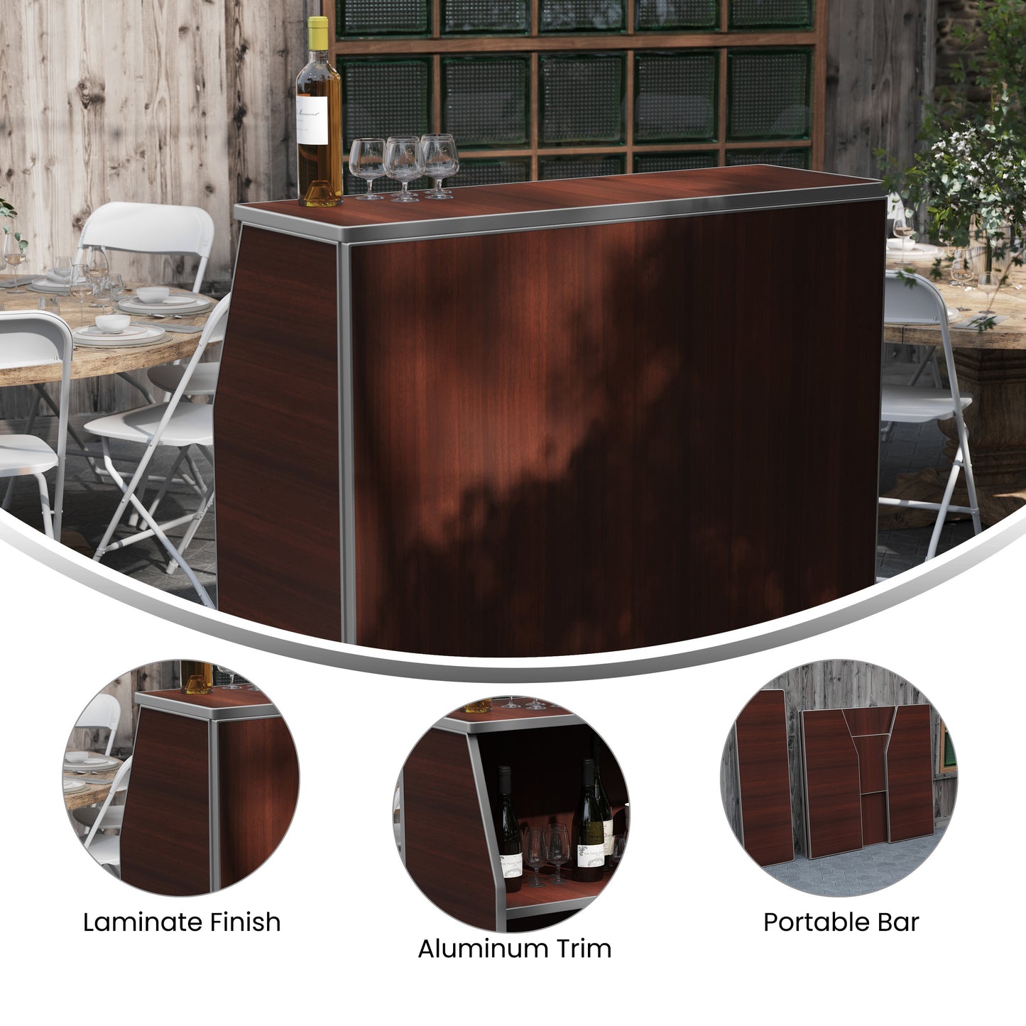Amara 4' Walnut Woodgrain Laminate Foldable Bar - Portable Event Bar Walnut Woodgrain
