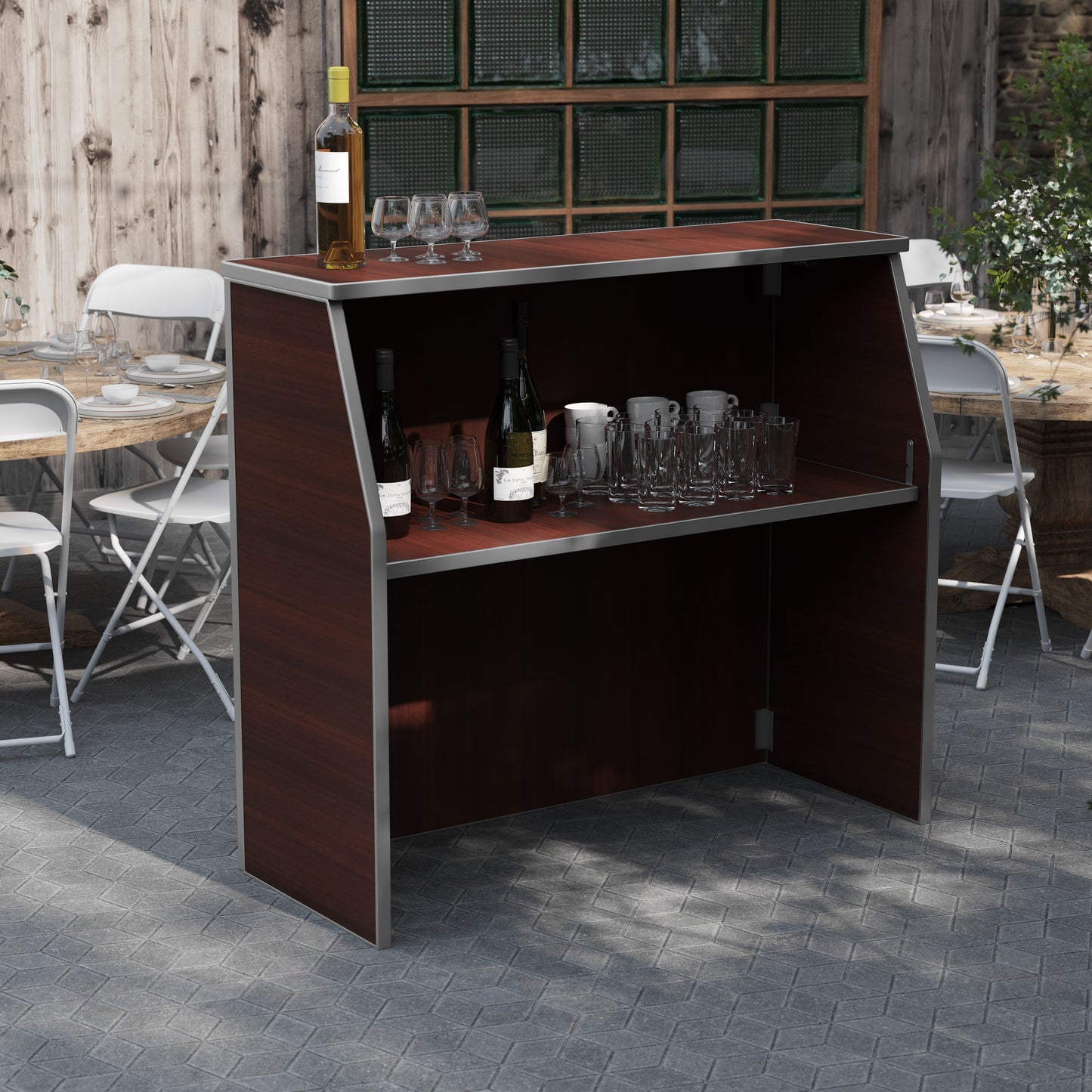 Amara 4' Walnut Woodgrain Laminate Foldable Bar - Portable Event Bar Walnut Woodgrain