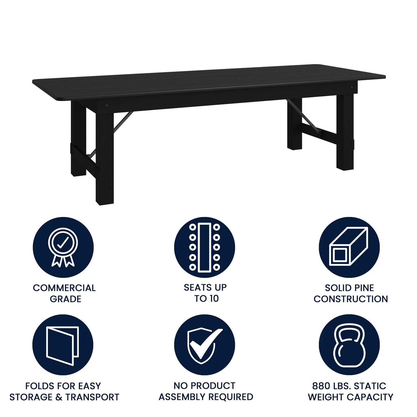 HERCULES 9' x 40" Rectangular Black Wash Commercial Farmhouse Folding Table, Antique Rustic Solid Pine Dining Room Table with Foldable Locking Legs Black Wash