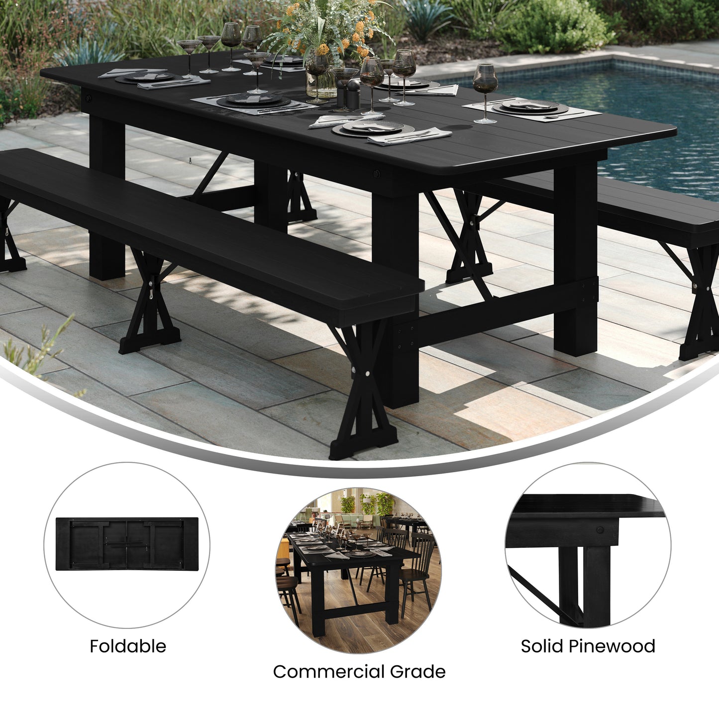 HERCULES 9' x 40" Rectangular Black Wash Commercial Farmhouse Folding Table, Antique Rustic Solid Pine Dining Room Table with Foldable Locking Legs Black Wash