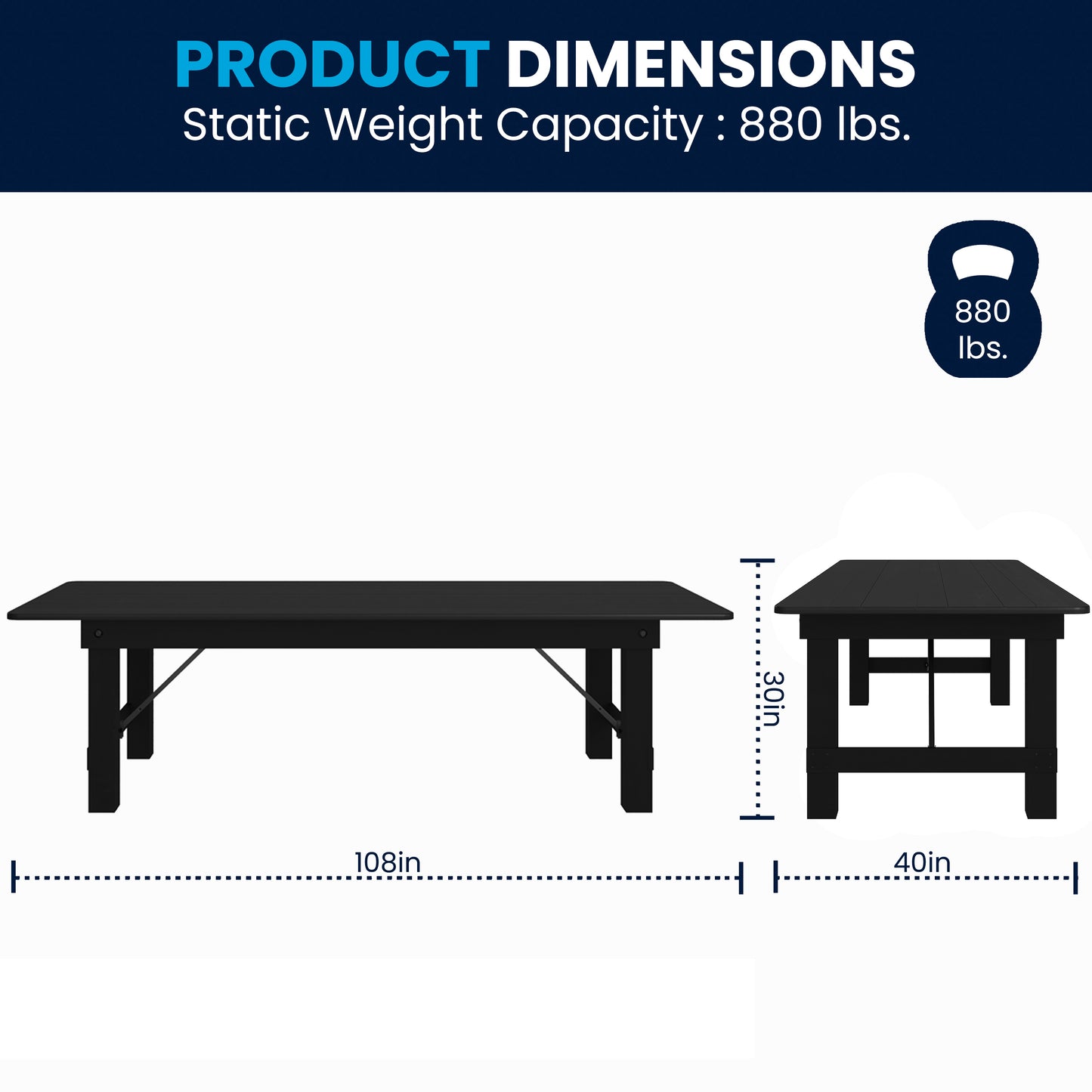 HERCULES 9' x 40" Rectangular Black Wash Commercial Farmhouse Folding Table, Antique Rustic Solid Pine Dining Room Table with Foldable Locking Legs Black Wash