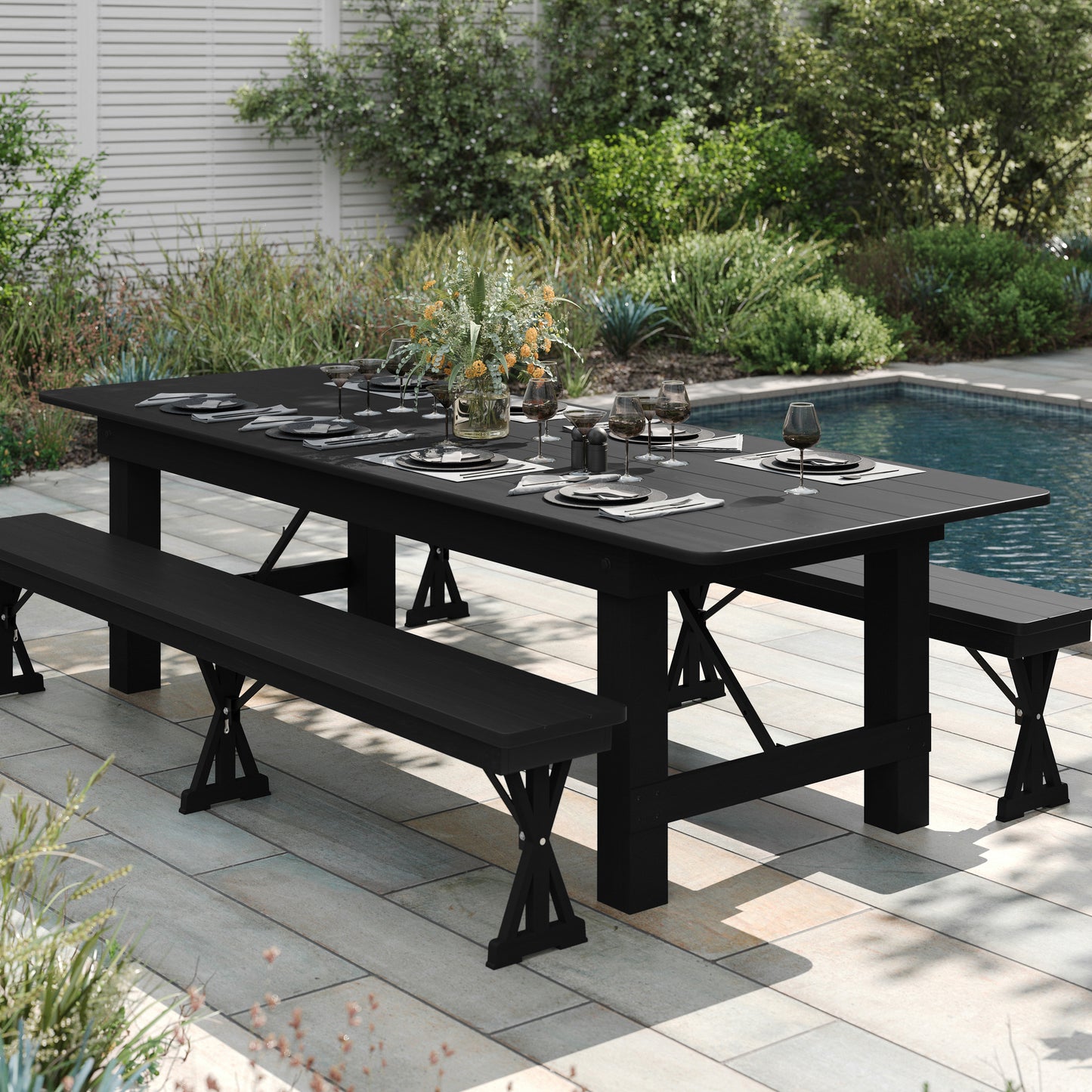 HERCULES 9' x 40" Rectangular Black Wash Commercial Farmhouse Folding Table, Antique Rustic Solid Pine Dining Room Table with Foldable Locking Legs Black Wash