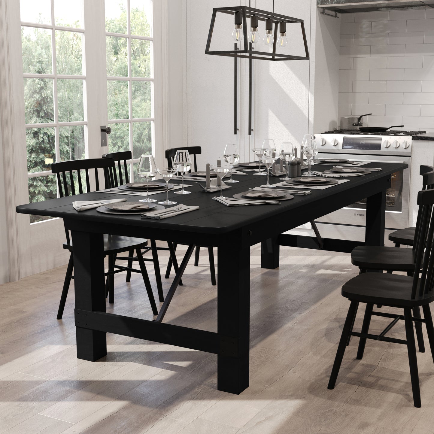 HERCULES 9' x 40" Rectangular Black Wash Commercial Farmhouse Folding Table, Antique Rustic Solid Pine Dining Room Table with Foldable Locking Legs Black Wash