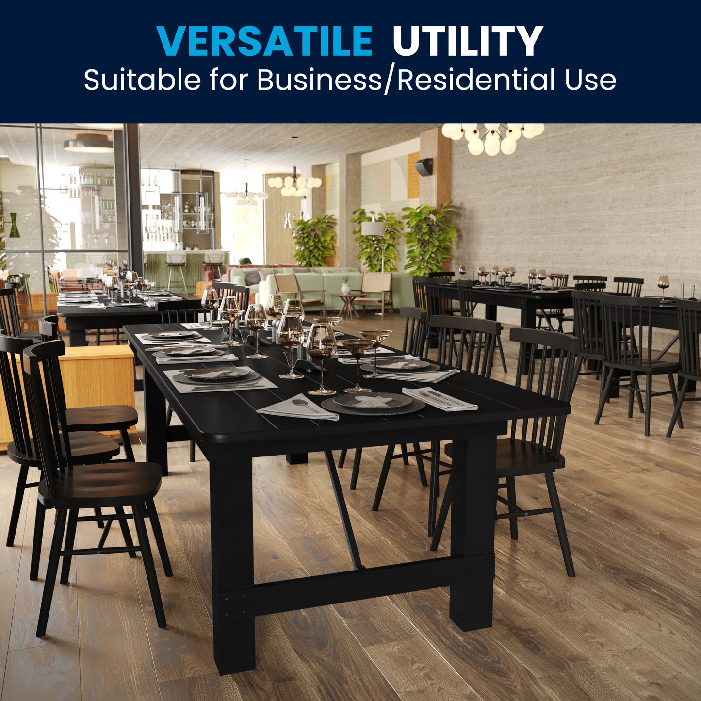 HERCULES 9' x 40" Rectangular Black Wash Commercial Farmhouse Folding Table, Antique Rustic Solid Pine Dining Room Table with Foldable Locking Legs Black Wash