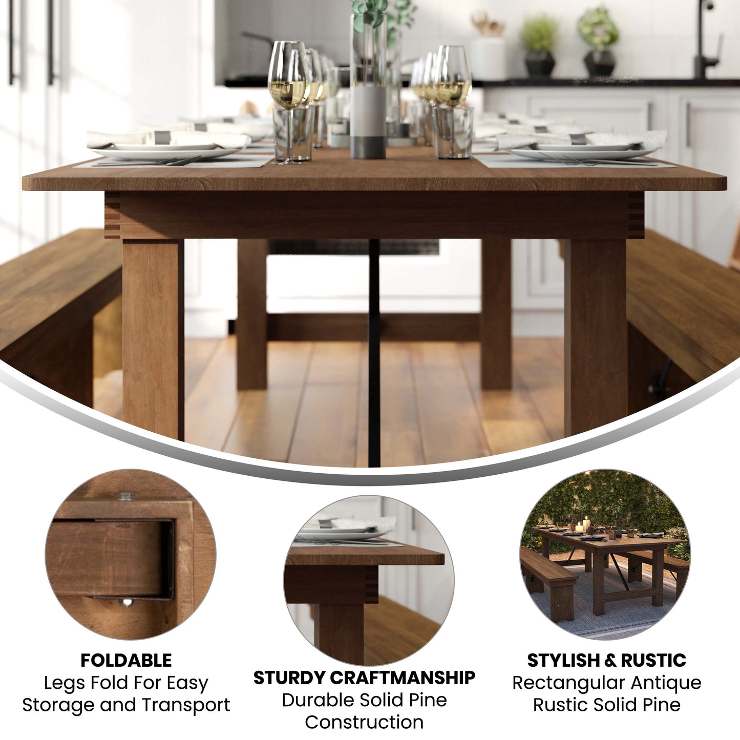 HERCULES Series 9' x 40" Rectangular Antique Rustic Solid Pine Folding Farm Table Antique Rustic