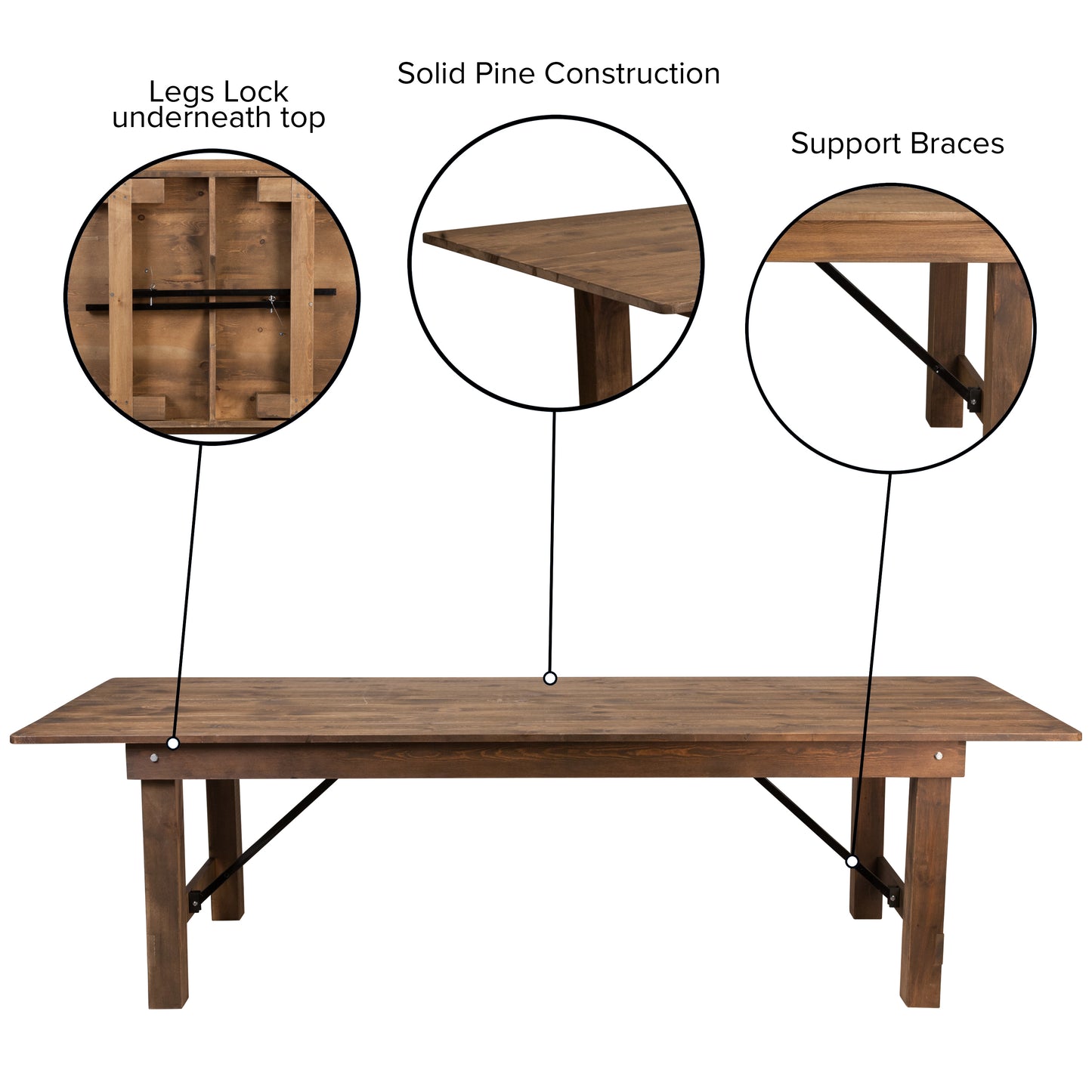 HERCULES Series 9' x 40" Rectangular Antique Rustic Solid Pine Folding Farm Table Antique Rustic