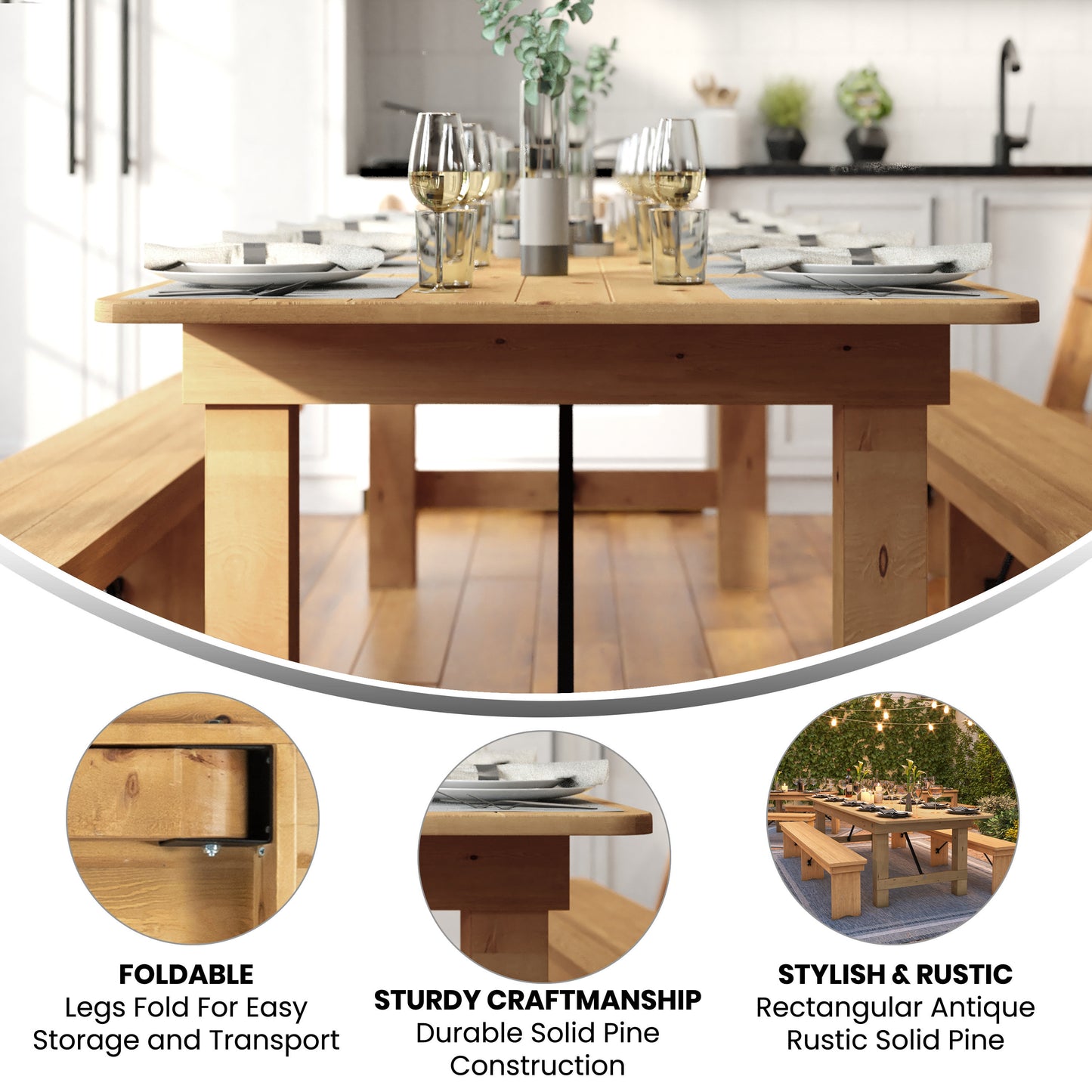 HERCULES 9' x 40" Rectangular Antique Rustic Light Natural Solid Pine Folding Farm Table Light Natural
