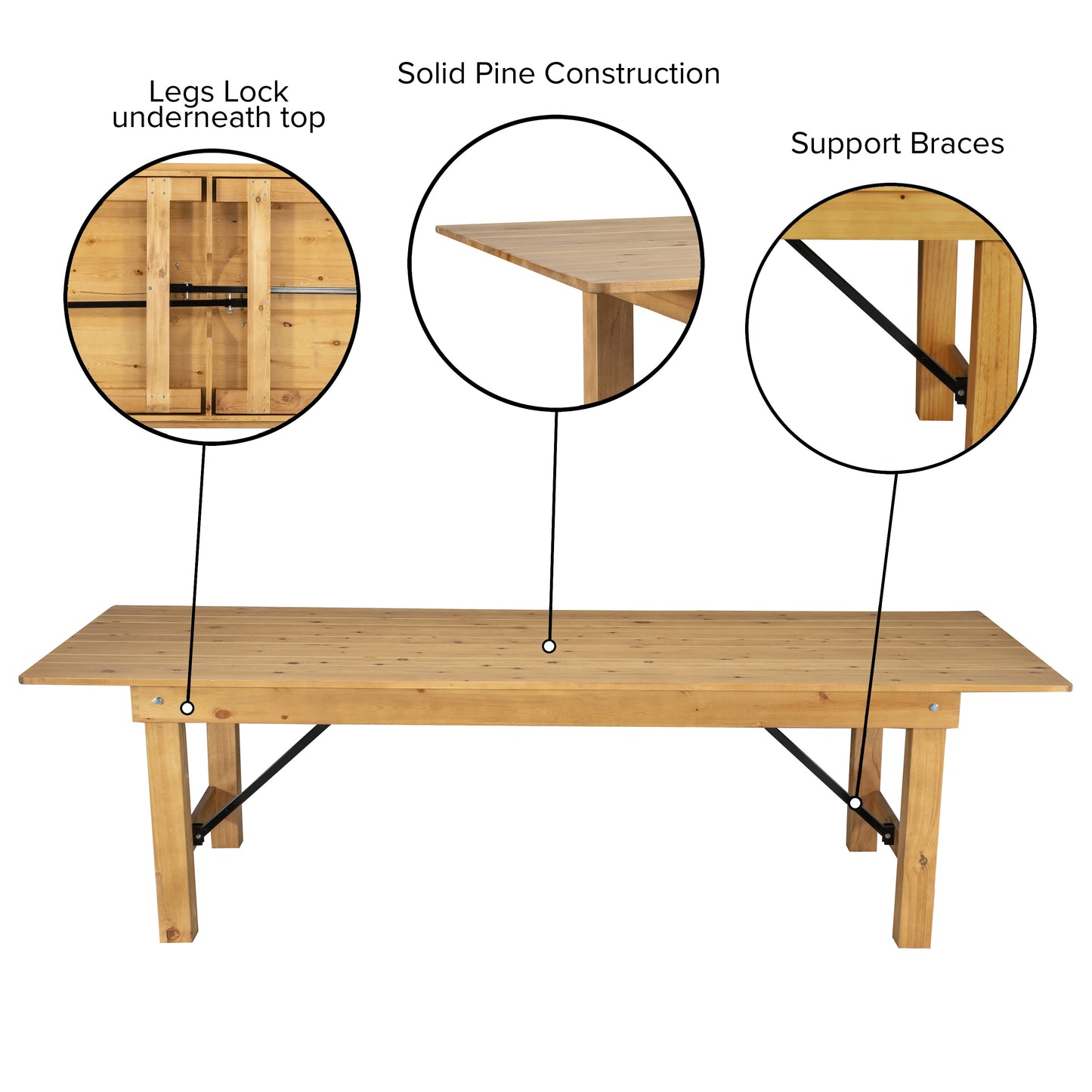 HERCULES 9' x 40" Rectangular Antique Rustic Light Natural Solid Pine Folding Farm Table Light Natural
