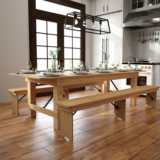 HERCULES 9' x 40" Rectangular Antique Rustic Light Natural Solid Pine Folding Farm Table Light Natural