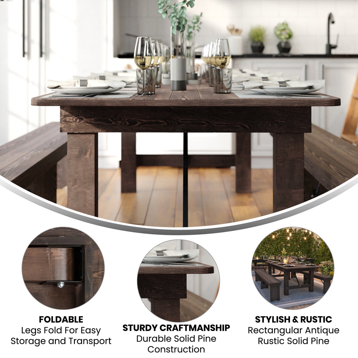 HERCULES 9' x 40" Rectangular Antique Rustic Mahogany Solid Pine Folding Farm Table Mahogany