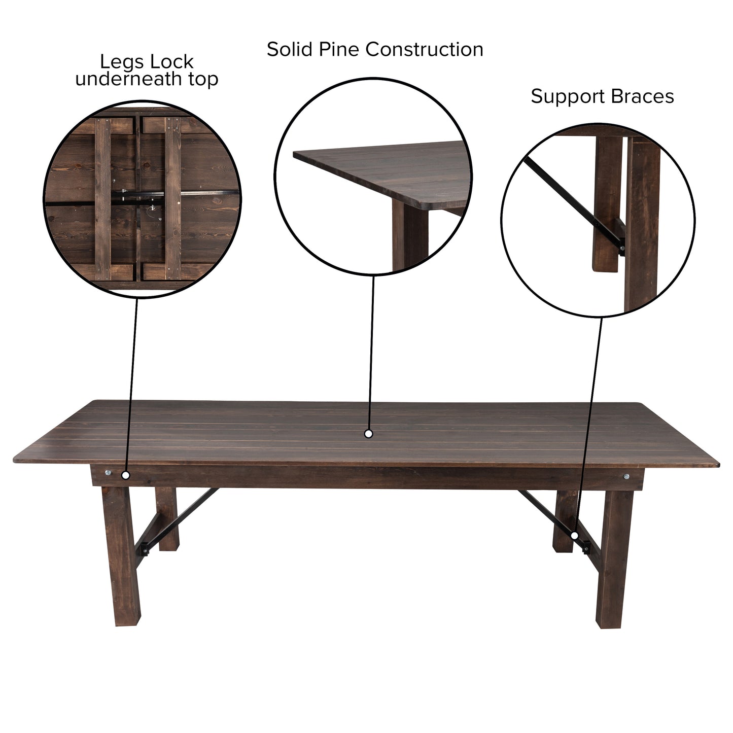 HERCULES 9' x 40" Rectangular Antique Rustic Mahogany Solid Pine Folding Farm Table Mahogany