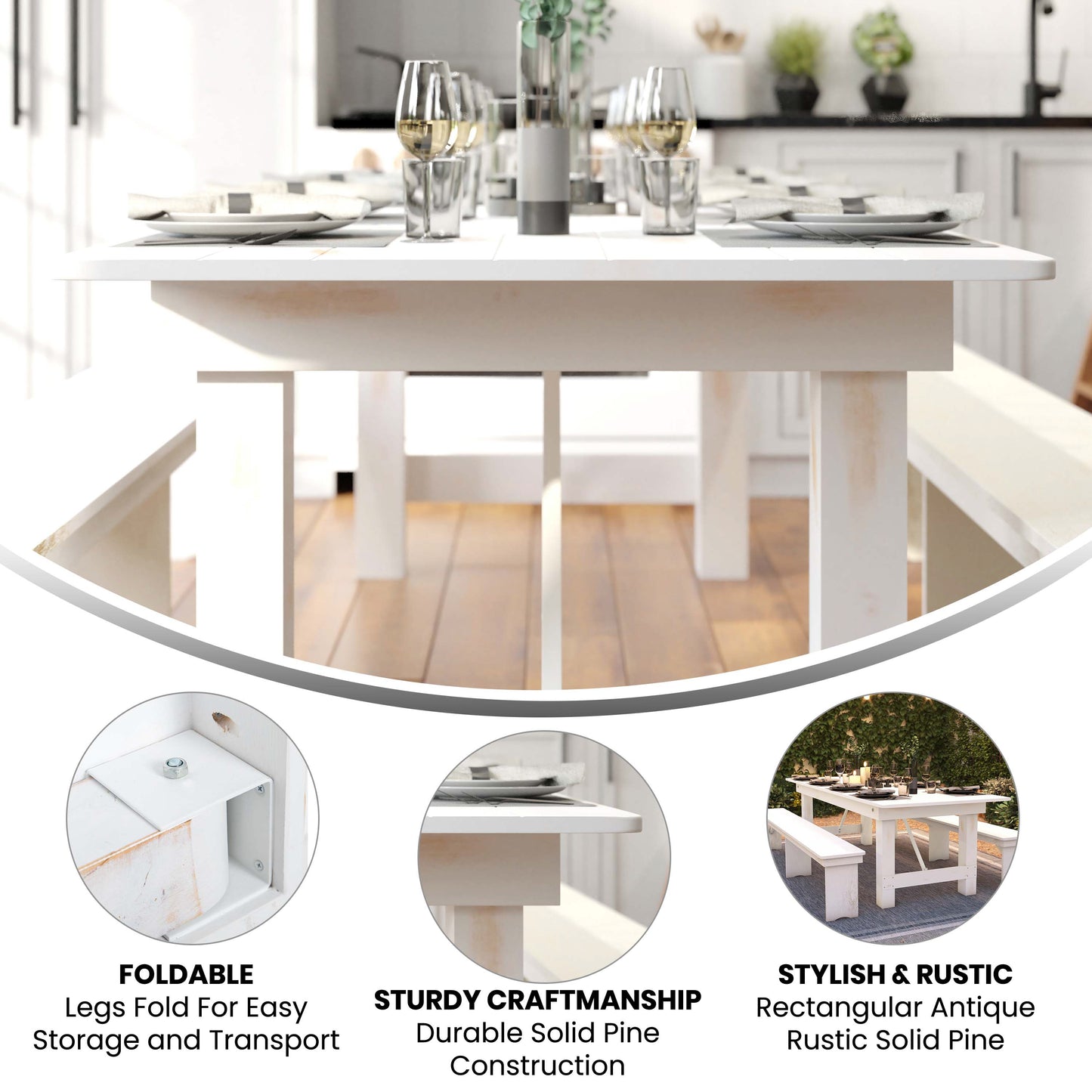 HERCULES Series 9' x 40" Rectangular Antique Rustic White Solid Pine Folding Farm Table Antique Rustic White