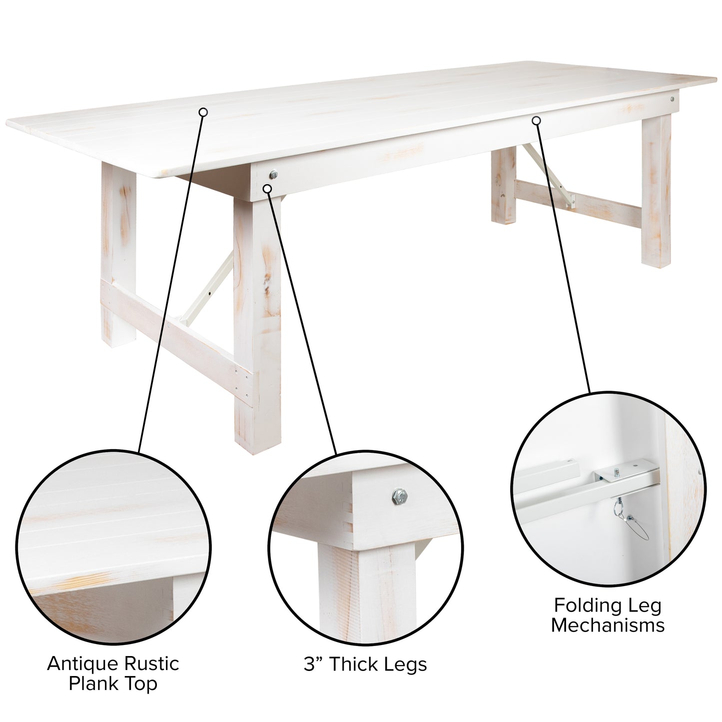 HERCULES Series 9' x 40" Rectangular Antique Rustic White Solid Pine Folding Farm Table Antique Rustic White