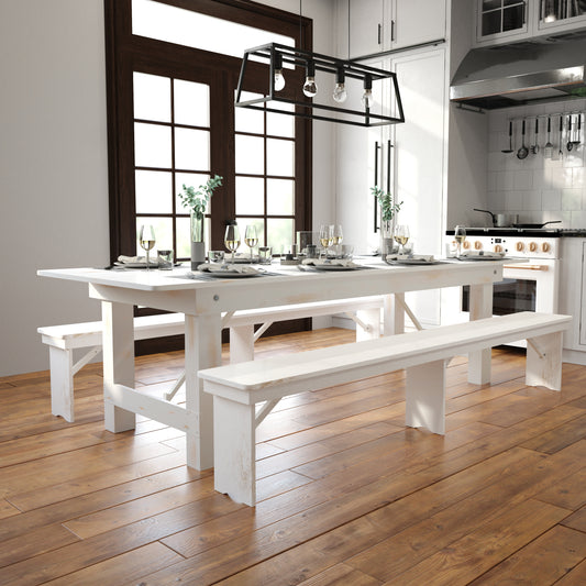 HERCULES Series 9' x 40" Rectangular Antique Rustic White Solid Pine Folding Farm Table Antique Rustic White