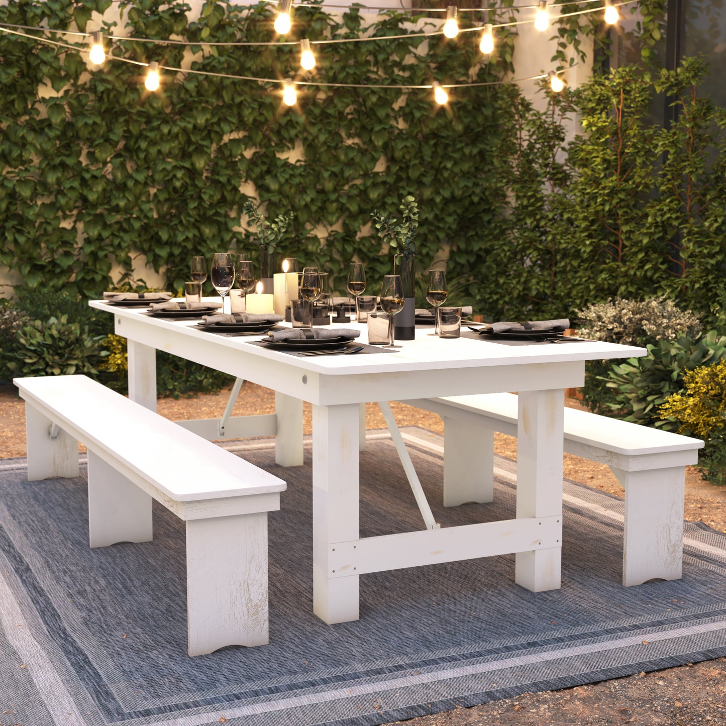 HERCULES Series 9' x 40" Rectangular Antique Rustic White Solid Pine Folding Farm Table Antique Rustic White