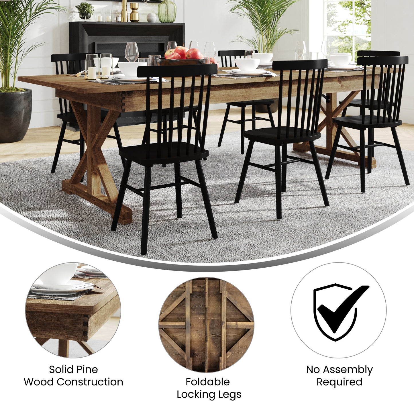 HERCULES 9' x 40" Rectangular Antique Rustic Solid Pine Folding Farm Table with X Legs Antique Rustic