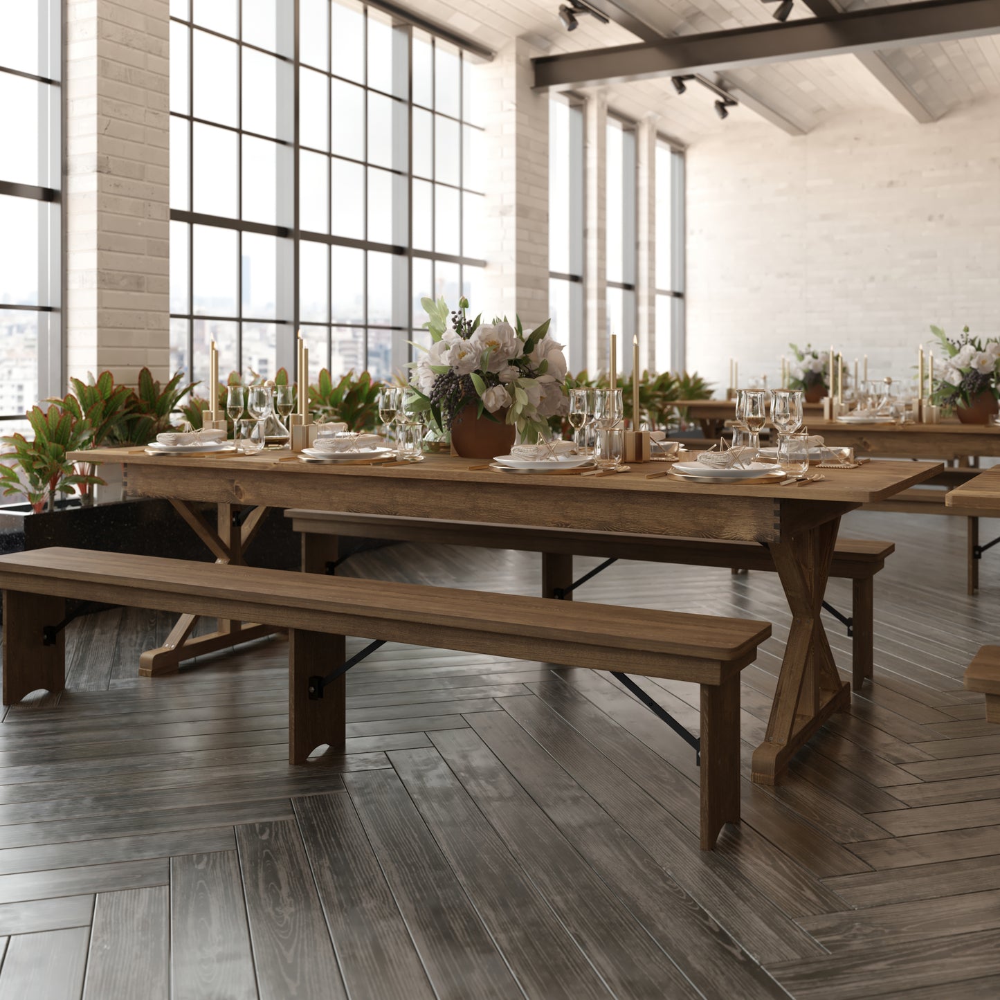 HERCULES 9' x 40" Rectangular Antique Rustic Solid Pine Folding Farm Table with X Legs Antique Rustic