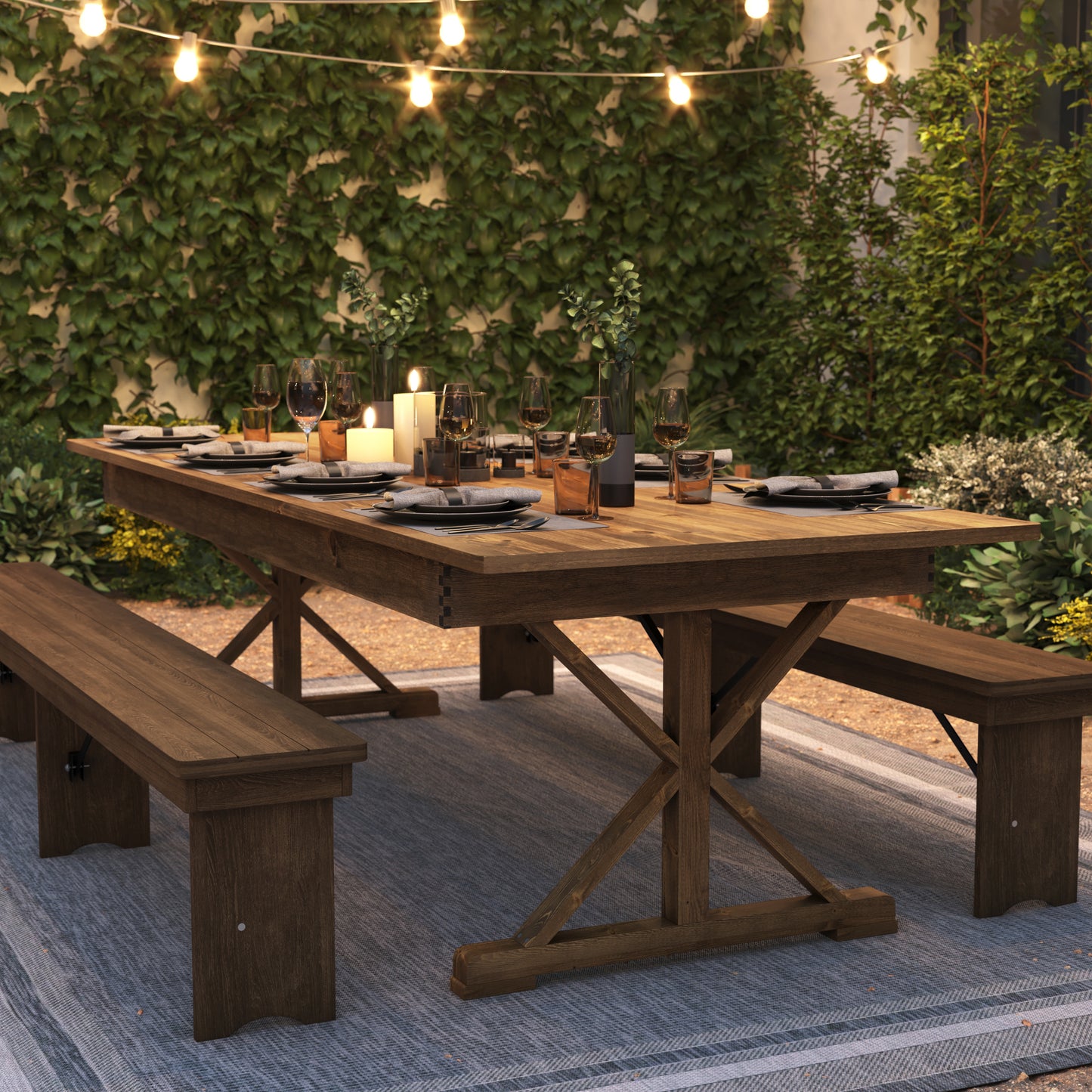 HERCULES 9' x 40" Rectangular Antique Rustic Solid Pine Folding Farm Table with X Legs Antique Rustic