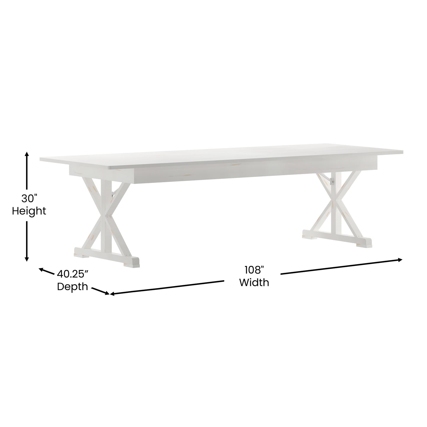 HERCULES 9' x 40" Rectangular Antique Rustic White Solid Pine Folding Farm Table with X Legs Antique Rustic White