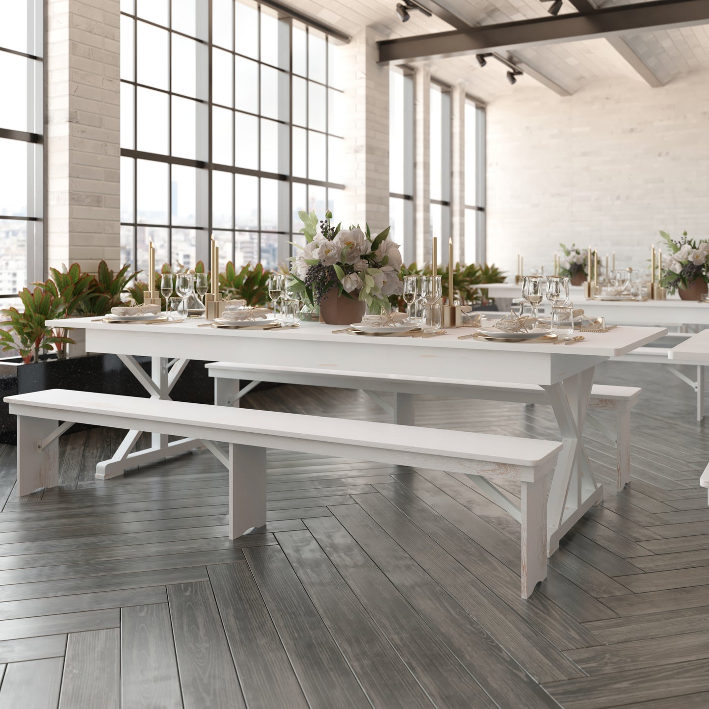 HERCULES 9' x 40" Rectangular Antique Rustic White Solid Pine Folding Farm Table with X Legs Antique Rustic White