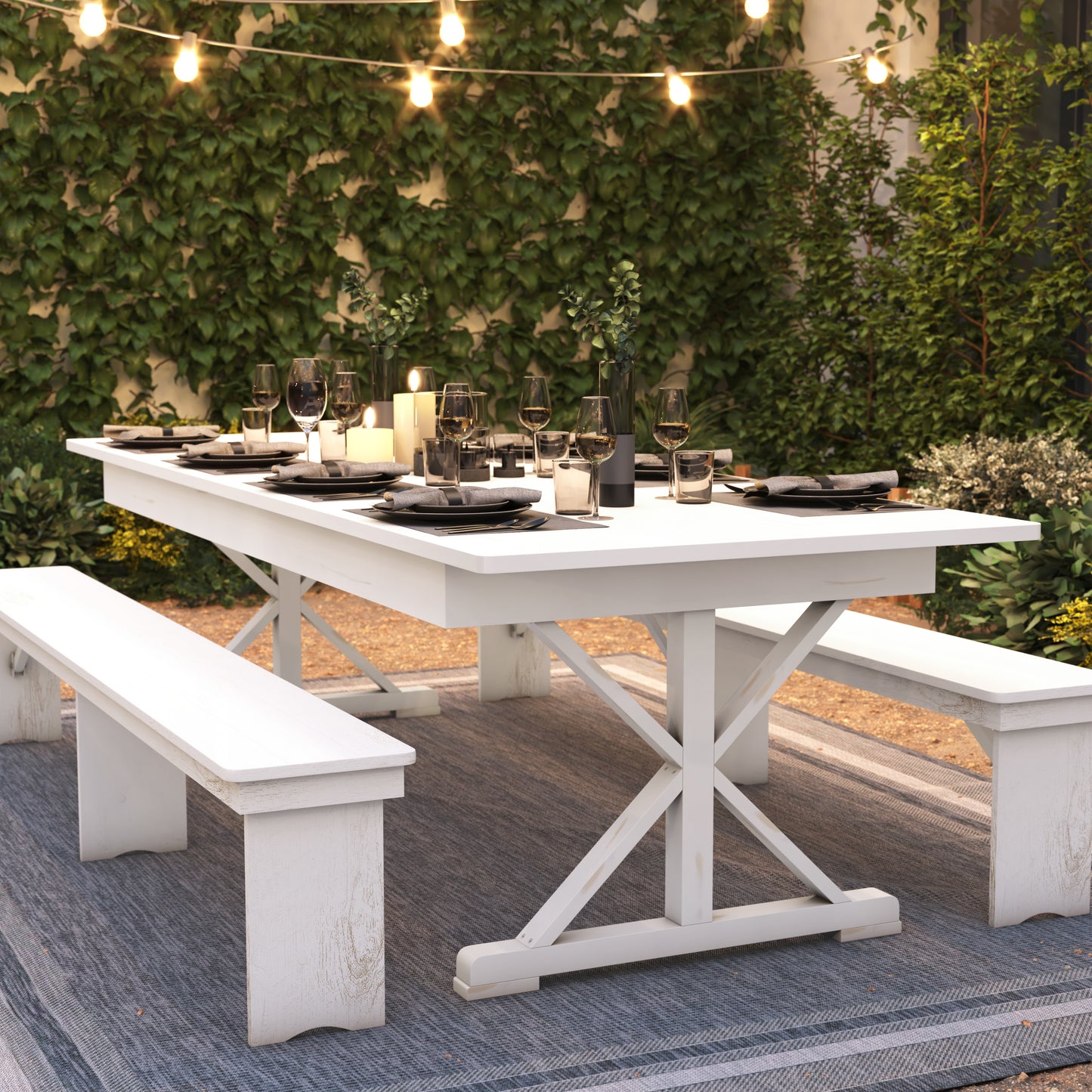 HERCULES 9' x 40" Rectangular Antique Rustic White Solid Pine Folding Farm Table with X Legs Antique Rustic White