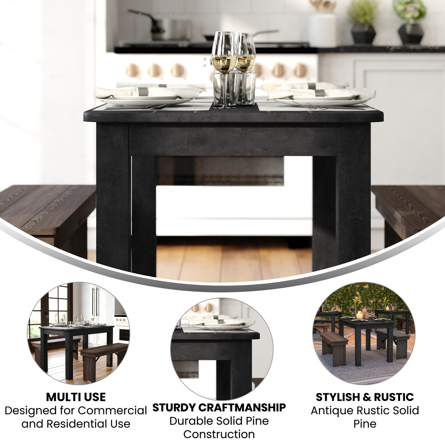 HERCULES 46" x 30" Rectangular Black Wash Solid Pine Farm Dining Table Black Wash XA-F-46X30-BW-GG