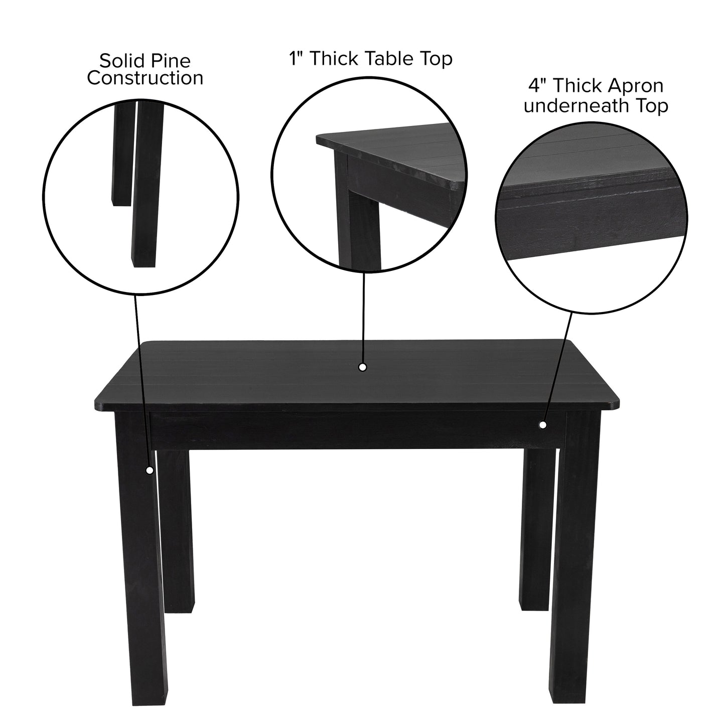 HERCULES 46" x 30" Rectangular Black Wash Solid Pine Farm Dining Table Black Wash XA-F-46X30-BW-GG