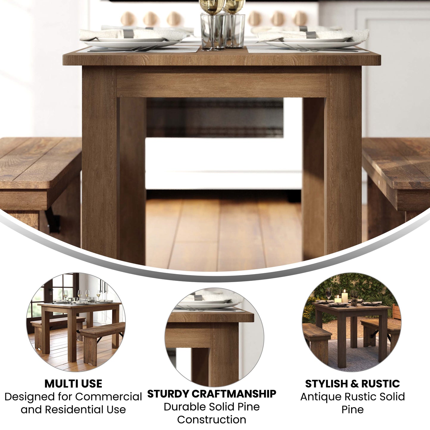 HERCULES 46" x 30" Rectangular Antique Rustic Solid Pine Farm Dining Table Antique Rustic XA-F-46X30-GG