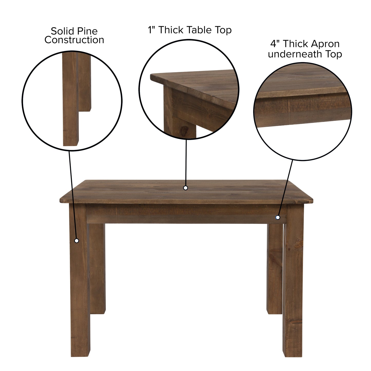 HERCULES 46" x 30" Rectangular Antique Rustic Solid Pine Farm Dining Table Antique Rustic XA-F-46X30-GG