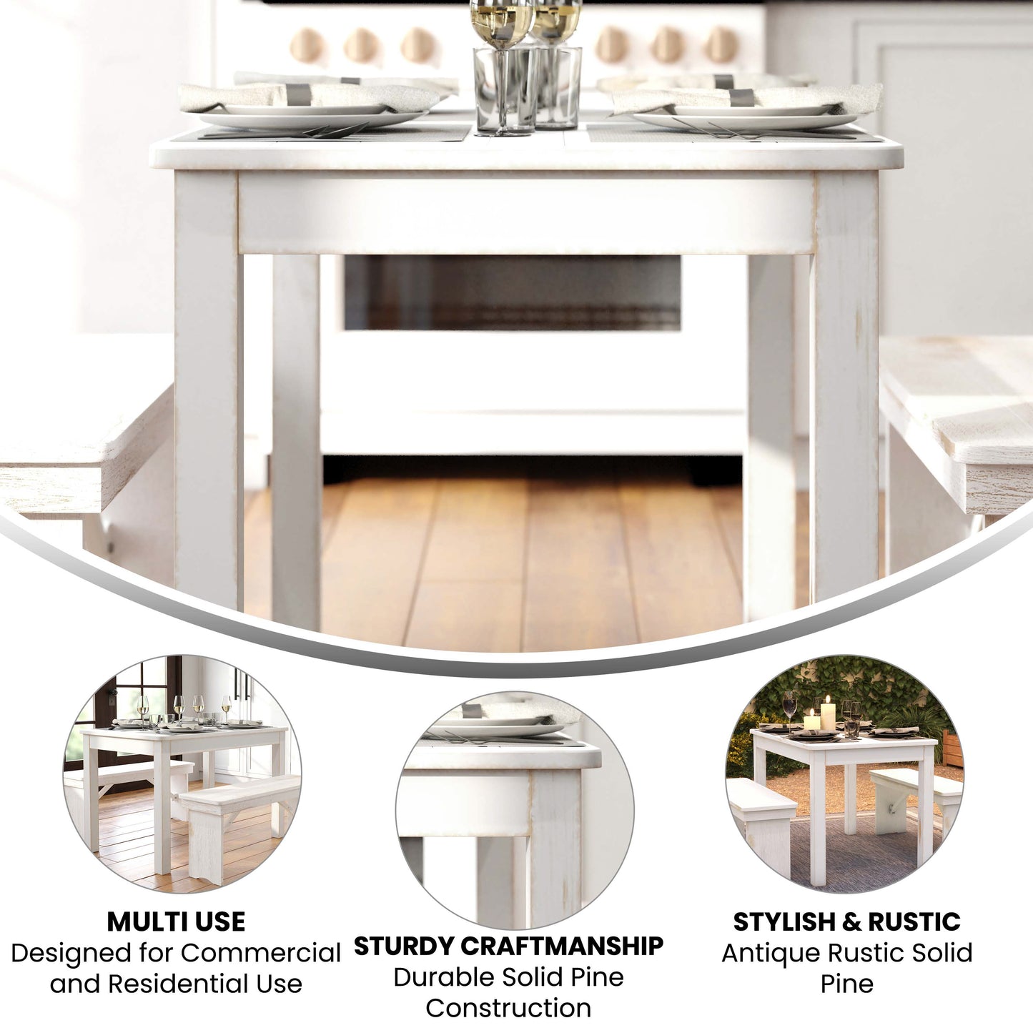 HERCULES Series 46" x 30" Rectangular Antique Rustic White Solid Pine Farm Dining Table Antique Rustic White