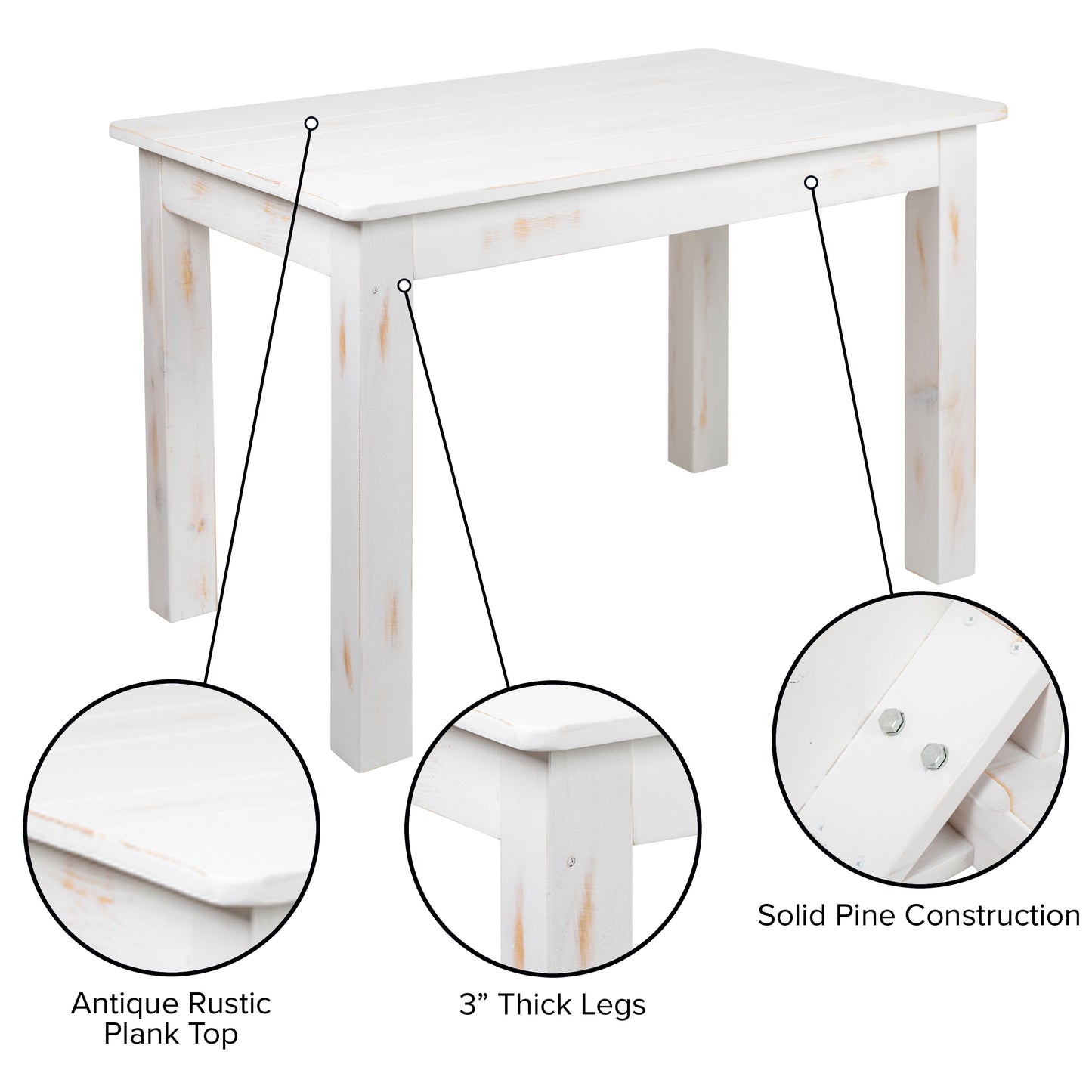 HERCULES Series 46" x 30" Rectangular Antique Rustic White Solid Pine Farm Dining Table Antique Rustic White